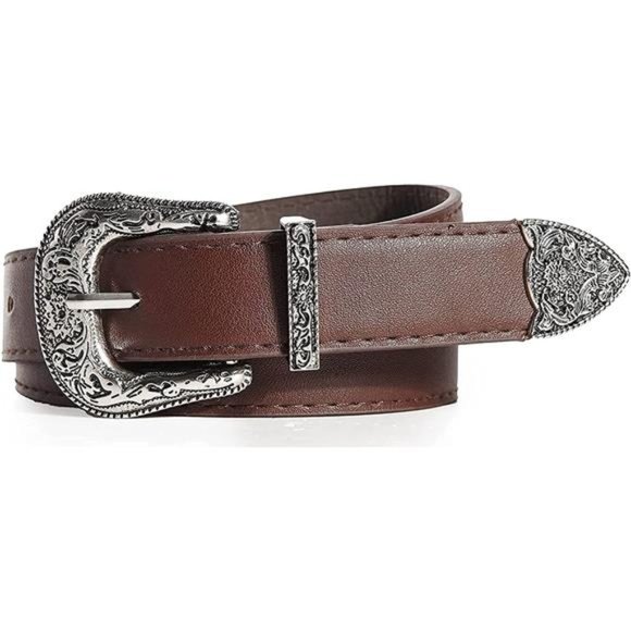 INOGIH Western-Leather-Belts Vintage Waist-Belts with Hollow Out Flower Buckle main image 6